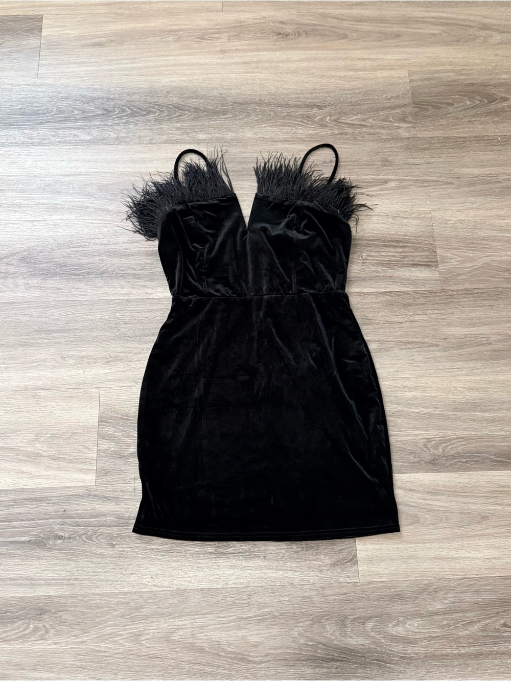 Fashion Nova Black Velvet Feather-Trim Mini Dress